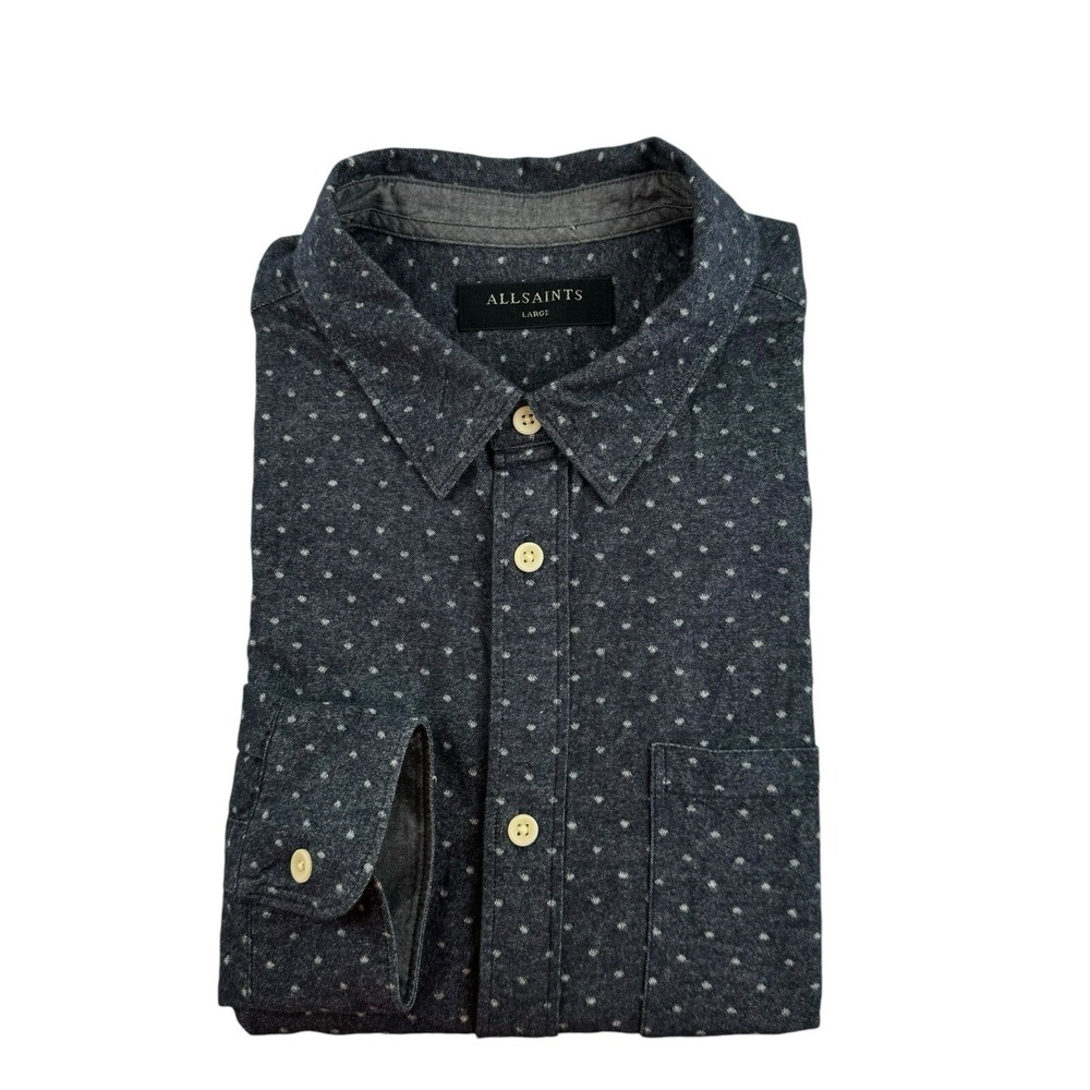 Allsaints Blue Dot Pattern Cotton Cresco Flannel L/S Button Front‎ Size Large